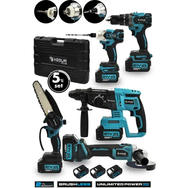 Assur Plus 21V Akülü 5'li Set Kırıcı Delici Hilti Taşlama Somun Sıkma Akülü Vidalama Budama
