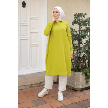 Armine Trend Ribanalı Fermuarlı Krep Kumaşlı Tunik-Fıstık Yeşil