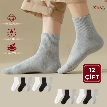 Kral Socks 12 Çift Unisex Spor Tenis Kolej Çorabı – Pamuklu Nefes Alabilen Rahat Çorap