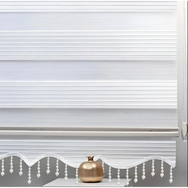 Beyaz Piliseli Boncuklu Kumaş Zebra Stor