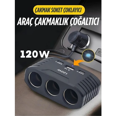 3 Lü Çakmak Soketi 120W Çakmaklık Çoğaltıcı 2 USB 1 Type-C Araç Şarj Cihazı Çakmak