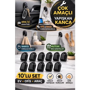 Toyfest 10'lu Siyah Yapışkanlı Çok Amaçlı Kanca | Araç Içi Anahtarlık Kulaklık Kablo Askısı