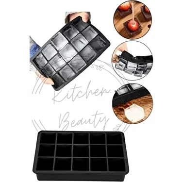 Kitchen Beauty 15 Bölmeli Büyük Boy Silikon Buz Kalıbı Siyah Renkli Kolay Temizlenebilir Kare