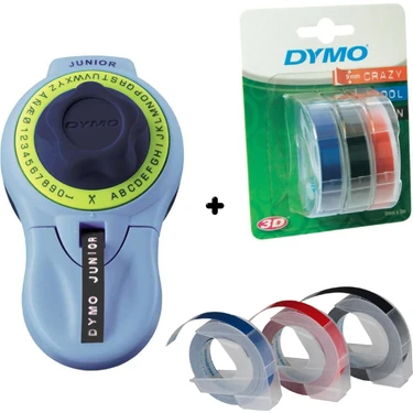 Dymo Junior Etiket Makinesi + 3'lü Blisterli Yedek Şerit 9 mm x 3 m Tekli Paket Mavi Kırmızı