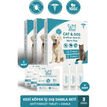 Kedi Köpek Herbal Worm Stop Bitkisel Tablet 250 Mg+ Anti Spot On Bitkisel Damla 1 ml Bit Pire Kene