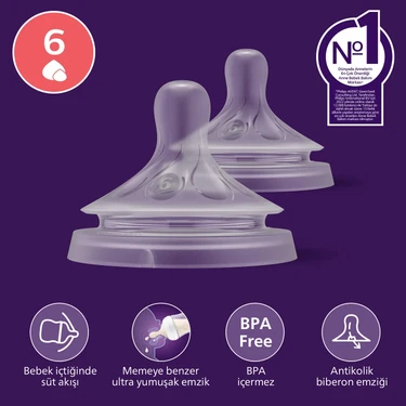 Philips Avent Doğal Tepkili Silikon Biberon Emziği 6 Numara Orta Akış 6+ Ay 2'li