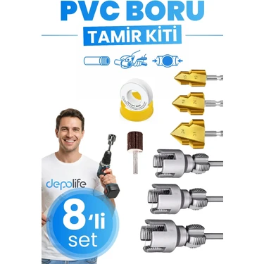 Depolife 8'li Pprc Pvc Plastik Su Borusu Diş Açma Havşa Pah Açma Aparatı Zımpara Tesisatçı Kılavuz