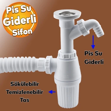 Badem10 Pis Su Giderli Sökülebilir Tas'lı Çift Gider Sifon Körüklü Temizlenebilir Mutfak Banyo