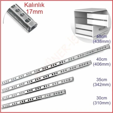 Samet Metal Bilyalı Çekmece Rayı 17mm x 35cm Tek Açılım - Dayanıklı Mekanizma