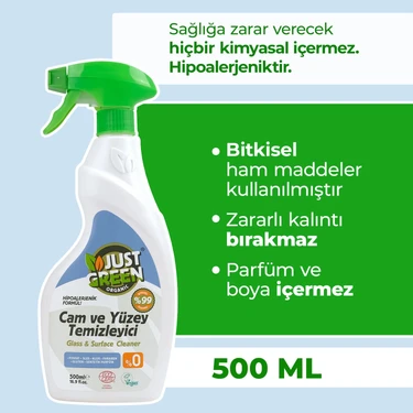 Just Green Organic Bitkisel Cam Ve Yüzey Temizleyici, %100 Bitkisel - Doğal Ve Etkili Temizlik (500