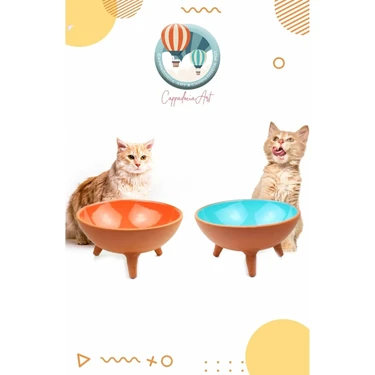 Cappadocia Pottery 2'li Ayaklı Kedi Köpek Çömlek Mama ve Su Kabı (Içi Sırlı,