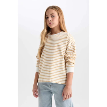 DeFacto Relax Fit Bisiklet Yaka Çizgili Sweatshirt Kız Çocuk