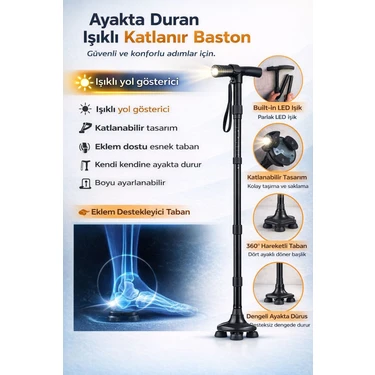 EyluX Shop Elegant Health Care Katlanabilir Işıklı Baston Yürüyüş Bastonu Fenerli Yürüyüş