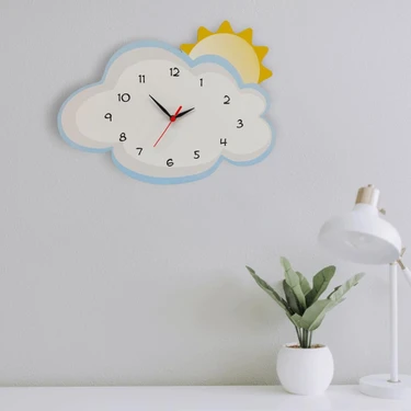 Cajuart Bulut Arkasında Güneş Dekoratif Çocuk Odası Duvar Saati 35 cm Oval Şekil