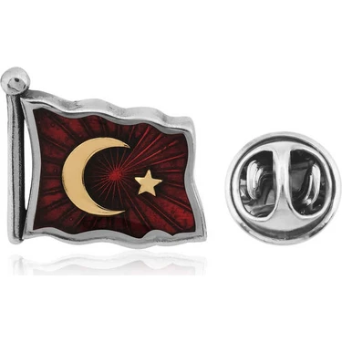 İlkyaz Fashion 925 Ayar Gümüş Türk Bayrağı Rozet T4460
