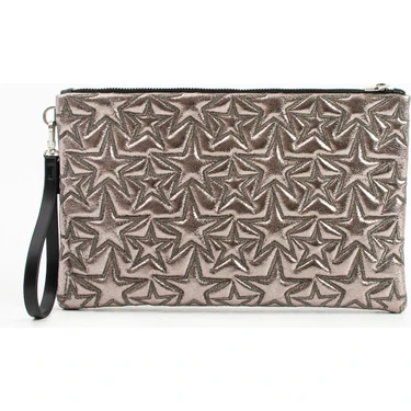 Ecrou Yıldız Desenli Platin Parlak Portföy & Clutch Çanta Çıkarılabilir Bileklik Askılı 30 x 19