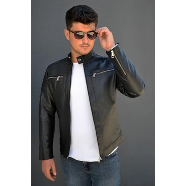 Prifaldi Siyah Dik Yaka Deri Ceket Slim Fit Kışa Uygun İç Kürklü