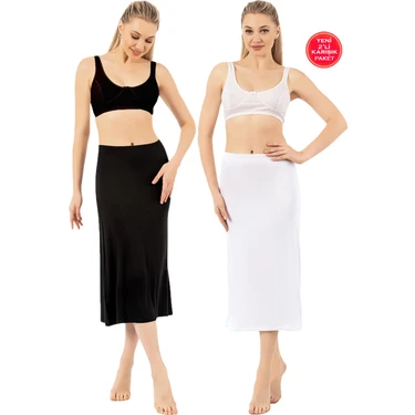 Özkan Underwear Özkan 26975 2'li Paket Kadın Viskon Kumaş Siyah Beyaz Diz Altı Uzun Etek Elbise