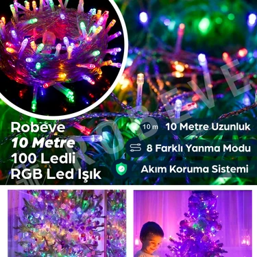Robeve 10 Metre 100 Ledli Fişli LED Işık RGB Karışık Renk Yılbaşı Led Işık Dekor Lambası Yılbaşı