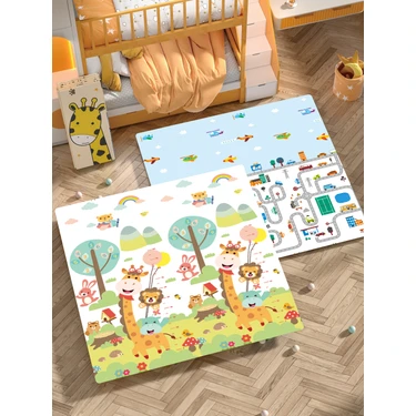 Elfobaby Taşıtlar Sevimli Dostlar - Katlanabilir - Extra Large - Çift Yönlü - Oyun Halısı ve Matı