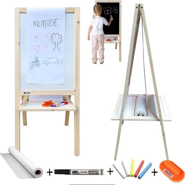Armode Rulo Kağıtlı Çift Taraflı Ayaklı Ahşap Çocuk Yazı Tahtası Siyah-Beyaz 115 x 50