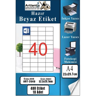 Artlantis A4 Hazır Etiket 52.5X29.7 mm 10 Sayfa 1 Paket 40 Lı Kendinden Yapışkanlı Fotokopi Lazer
