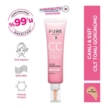 Pure Beauty CC Krem - Işıltı Veren, Tüm Cilt Tipleri için Niacinamide ile Zenginleştirilmiş, SPF50