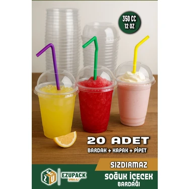 350 cc Kapaklı Pipetli Sert Plastik Bardak Pet Bardak Limonata Soğuk Içecek Milkshake