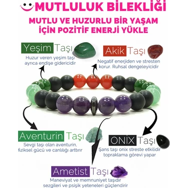 Kamus Mutluluk Bilekliği Akik Yeşim Aventurin Ametist Oniks Doğal Taş