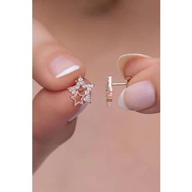 Nereze 925 Ayar Gümüş Zirkon Taşlı Çift Yıldız Model