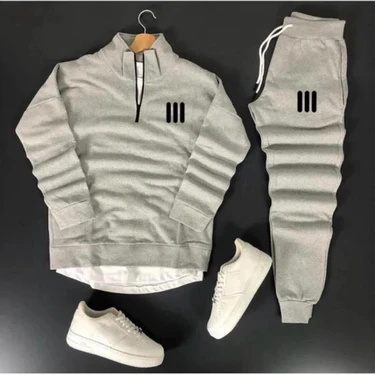 Yoho Sport Unisex Üç Çizgi Baskılı Yarım Fermuarlı Sweatshirt-Eşofman Altı Set