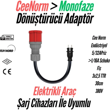Bemis Elektrikli Araç Şarj Uyumlu CeeNorm Adaptör –  5/32A Priz → 1/16A