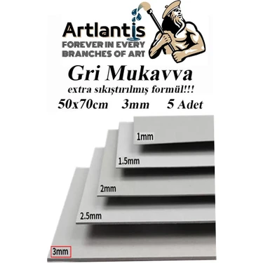 Artlantis Mukavva Gri 3 mm 50X70 cm 5 Adet Sert Karton Ekstra Sıkıştırılmış 50*70 Mukavva Gri