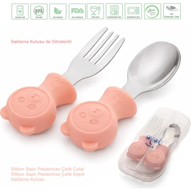 Jojobebek Pembe Renk Ayıcık Figürlü Premium Çocuk BPA Free Silikon Sap Paslanmaz Çelik Uçlu