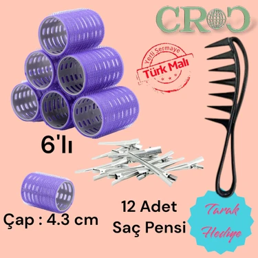 Croc 1215 Büyük Boy Bigudi 6lı + Saç Pensi 12lı (Cırtlı - Yapışkanlı Bigudi)