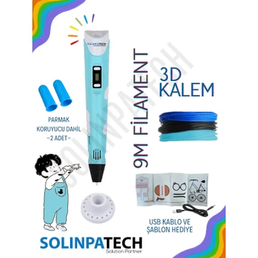 Solinpatech Mavi 3D Pen Üç Boyutlu Yazıcı Kalem Printer (3 Adet 3 Metre Filament -9 Metre- ve USB