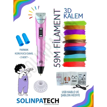 Solinpatech Pembe 3D Pen Üç Boyutlu Yazıcı Kalem 5 Metre 10 Adet Filament (50