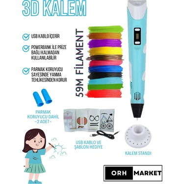 ORH MARKET Mavi 3D Kalem 3D Pen Yazıcı Kalem – Çok Renkli Pla Filament (Toplam 59M) + USB