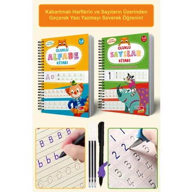 Harfleri ve Sayıları Yazmayı Kolayca Öğreten Kitap | Sihirli Uçan Kalemli Oluklu (Kabartmalı)