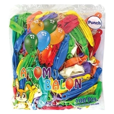 Atom Punch İpli Lastikli Balon 100'lü Paket - Büyük Boyutlu Renkli Parti