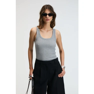 LILLESOL Kadın Fitilli Görünümlü Slim Fit Vücuda Oturan Havuz Yakalı Pamuklu Basic Antrasit