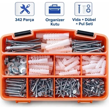 CIVTEX CİVATA 342 Parça Vida Dübel Pul Seti – DIN 7505 Sunta Vidası – Organizer Takım