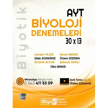 Biyotik Yayınları AYT Biyoloji Denemeleri 30 x 13 Mesleki Hazırlık İçin Türkçe