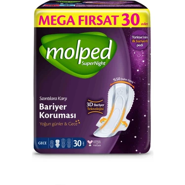 Molped Süpernight Gece 30 Adet Mega Ped, Yoğun Günler ve Gece İçin 3D Bariyer