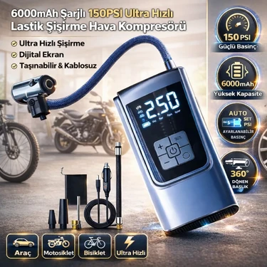 Polham 6000MAH Şarjlı 150PSİ Ultra Hızlı Lastik Şişirme Hava Kompresörü,araç, Motosiklet, Bisiklet