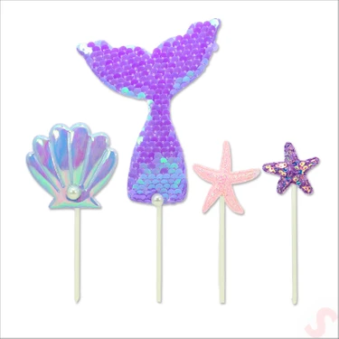 Süsle Bebek ve Parti Deniz Kızı Pul Payetli Pasta Süsü, 4'lü Set -