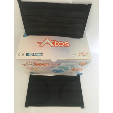 Atos 50 Adet Siyah Renkli Meltblown Yumuşak Lastikli Burun Telli 3 Katlı C.