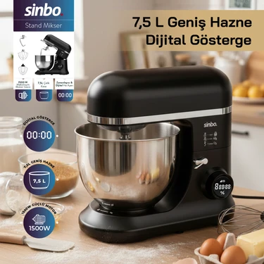 Sinbo SMX-2773 Dijital Ekranlı 1500W Zaman Ayarlı Stand Mikser 7.5 lt Metal Hazne